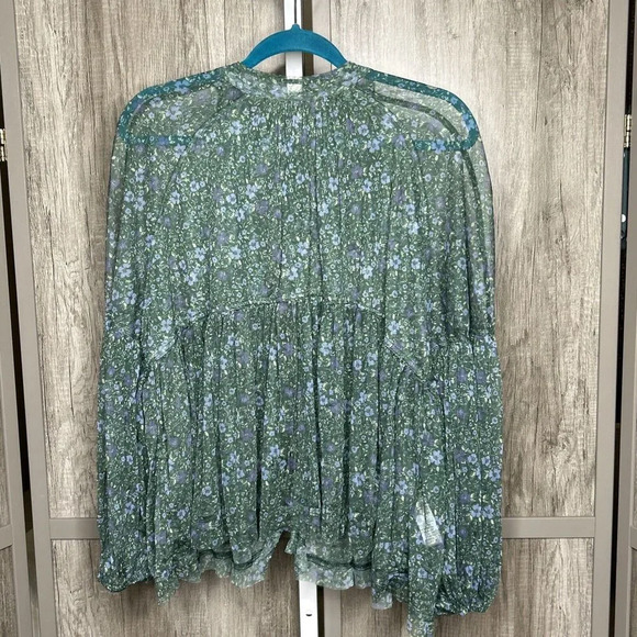Free People Babydoll Top Mesh Balloon Sleeves Ties in the Back Floral Print Sz S - Picture 3 of 11